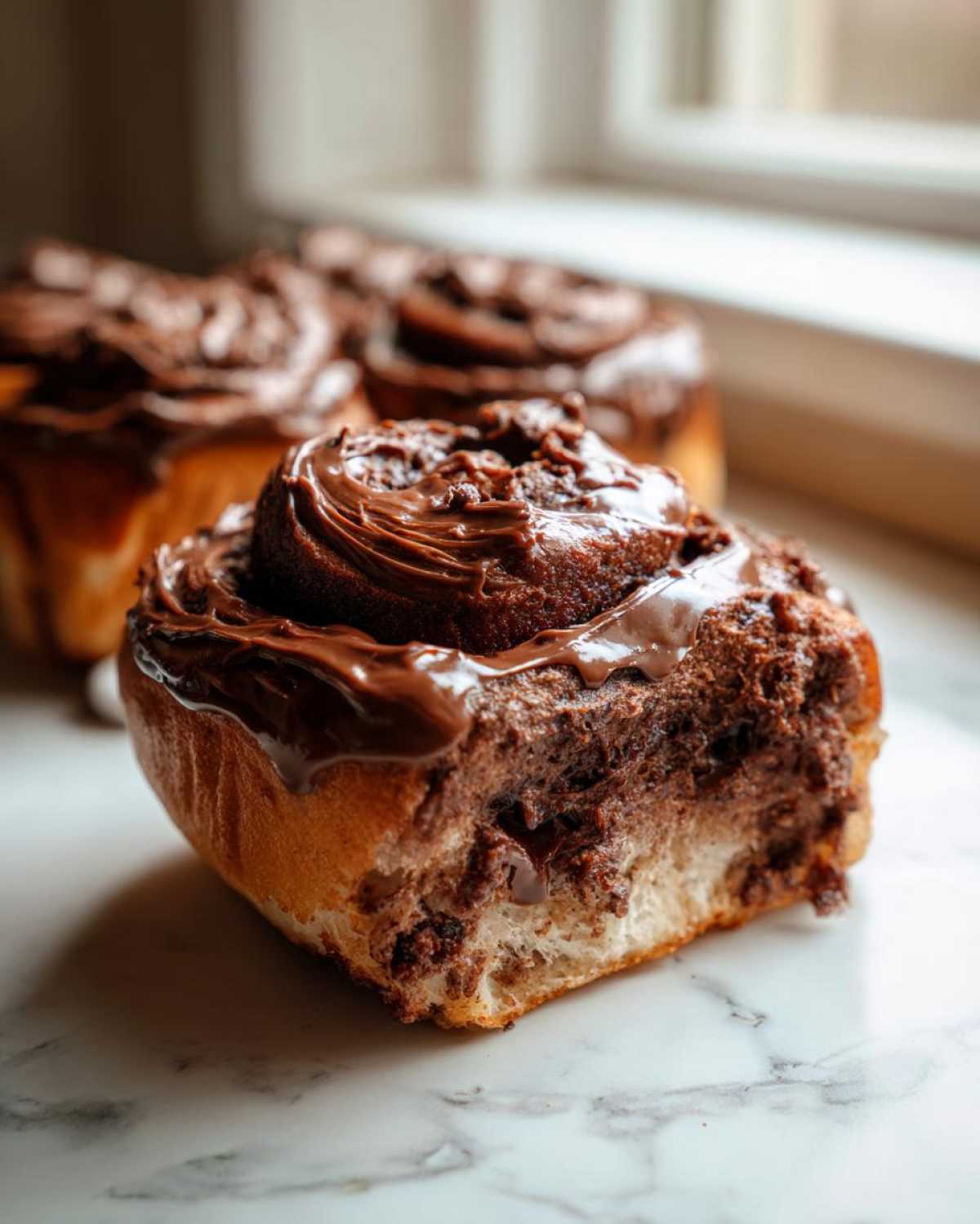 Close-up of a bite taken out of a gooey chocolate cinnamon roll with rich chocolate frosting.