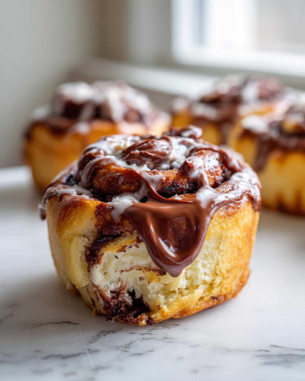 Close-up of a gooey chocolate cinnamon rolls with white icing drizzled over thick chocolate glaze.