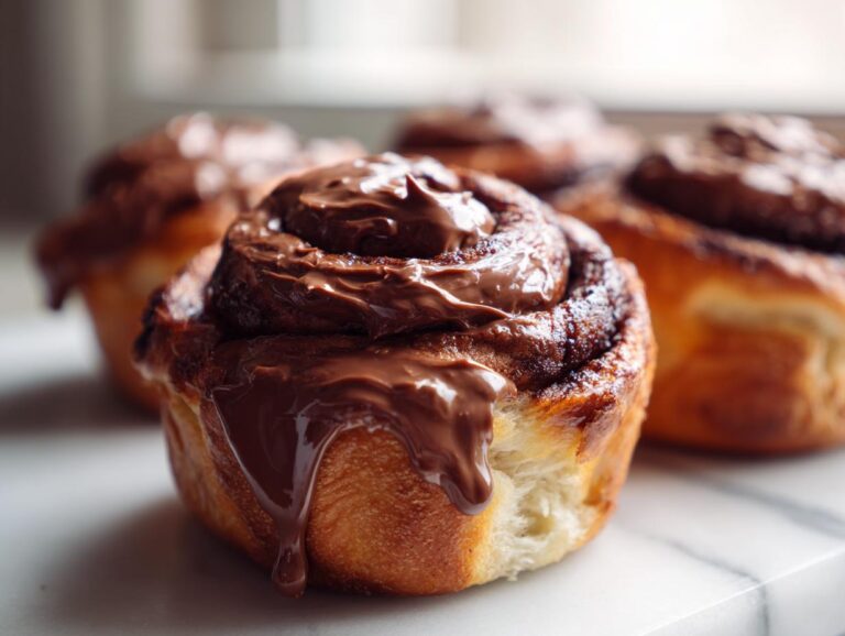Close-up of a freshly baked chocolate cinnamon roll topped with thick, dripping chocolate frosting.