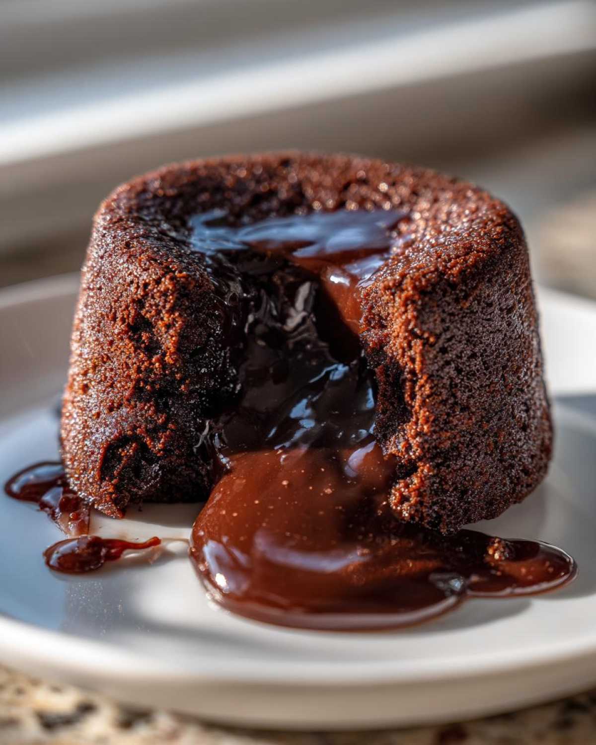 Close-up of a freshly baked chocolate lava cake with molten chocolate oozing out onto a white plate.