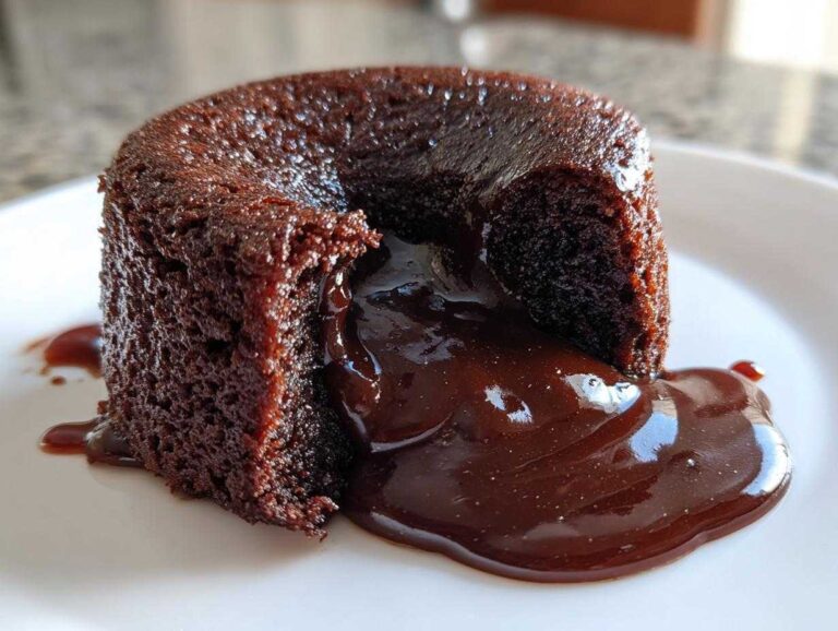 Close-up of a rich, dark chocolate lava cake with molten center oozing onto a white plate.