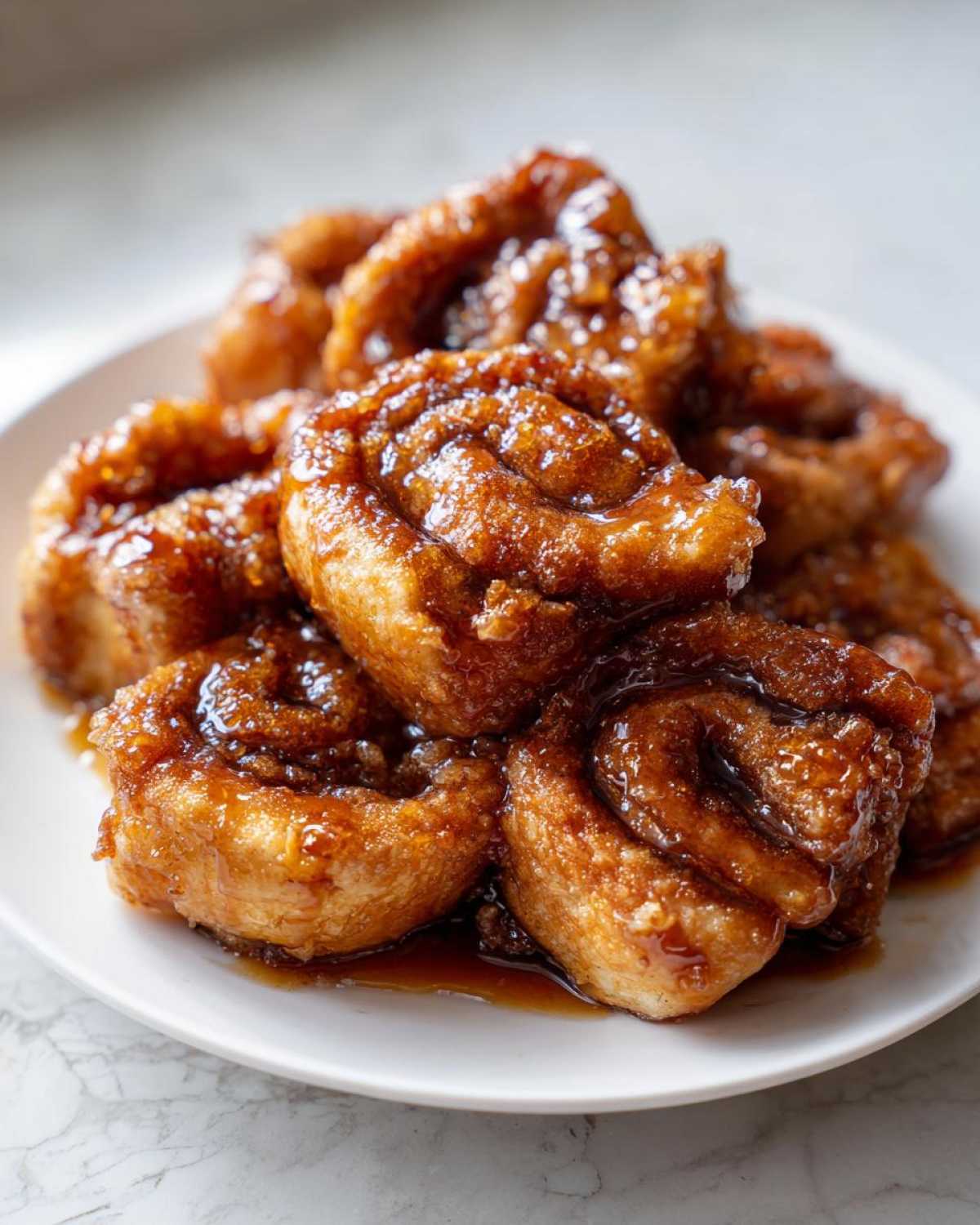 Close-up of several gooey cinnamon roll bites piled on a white plate, dripping with rich caramel glaze.
