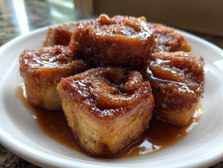 Close-up of several gooey cinnamon roll bites covered in rich caramel glaze, served on a white plate.