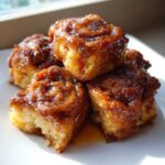 A stack of four gooey, glazed cinnamon roll bites glistening under bright light on a white plate.