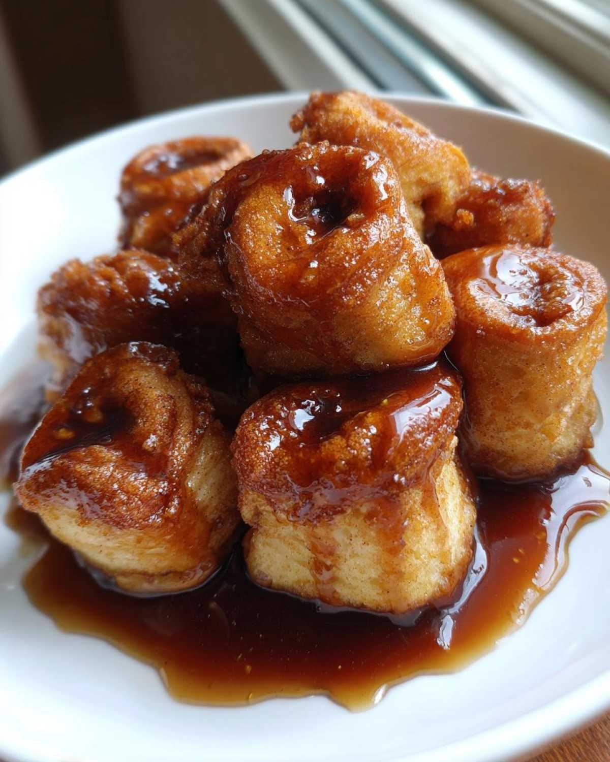 Close-up of several gooey cinnamon roll bites piled in a white bowl, covered in a rich, dark caramel glaze.