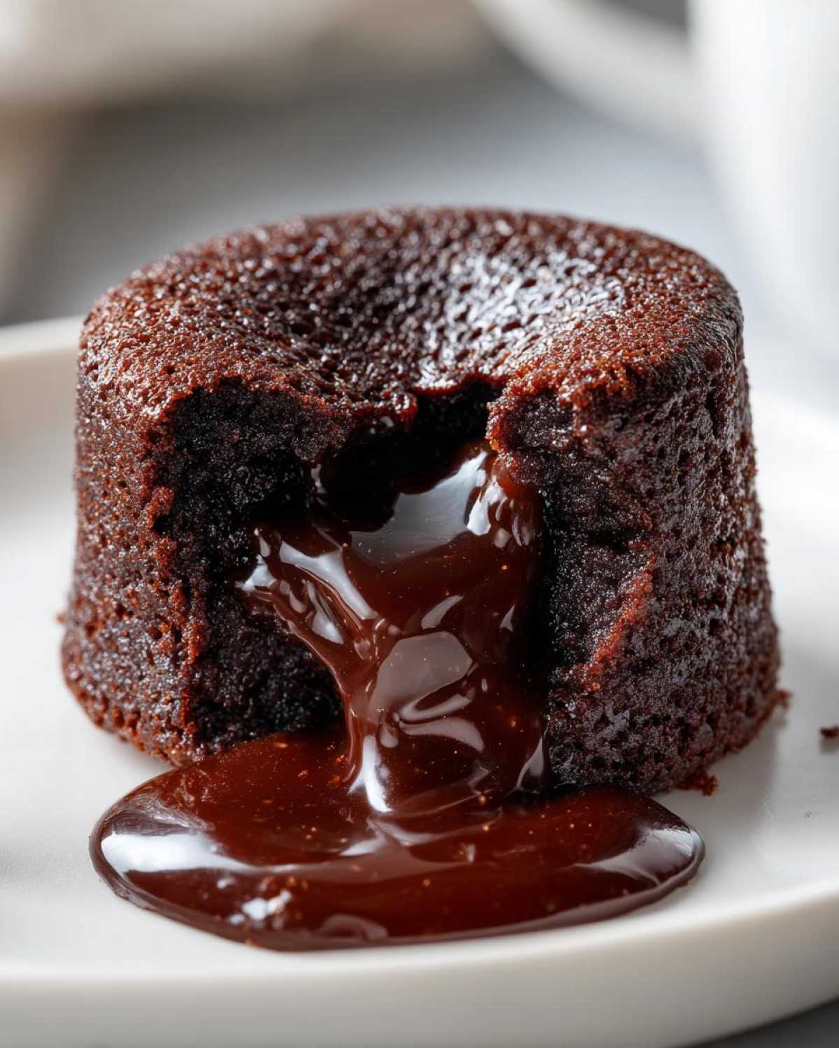 Close-up of a rich chocolate lava cake with molten center oozing out onto a white plate.