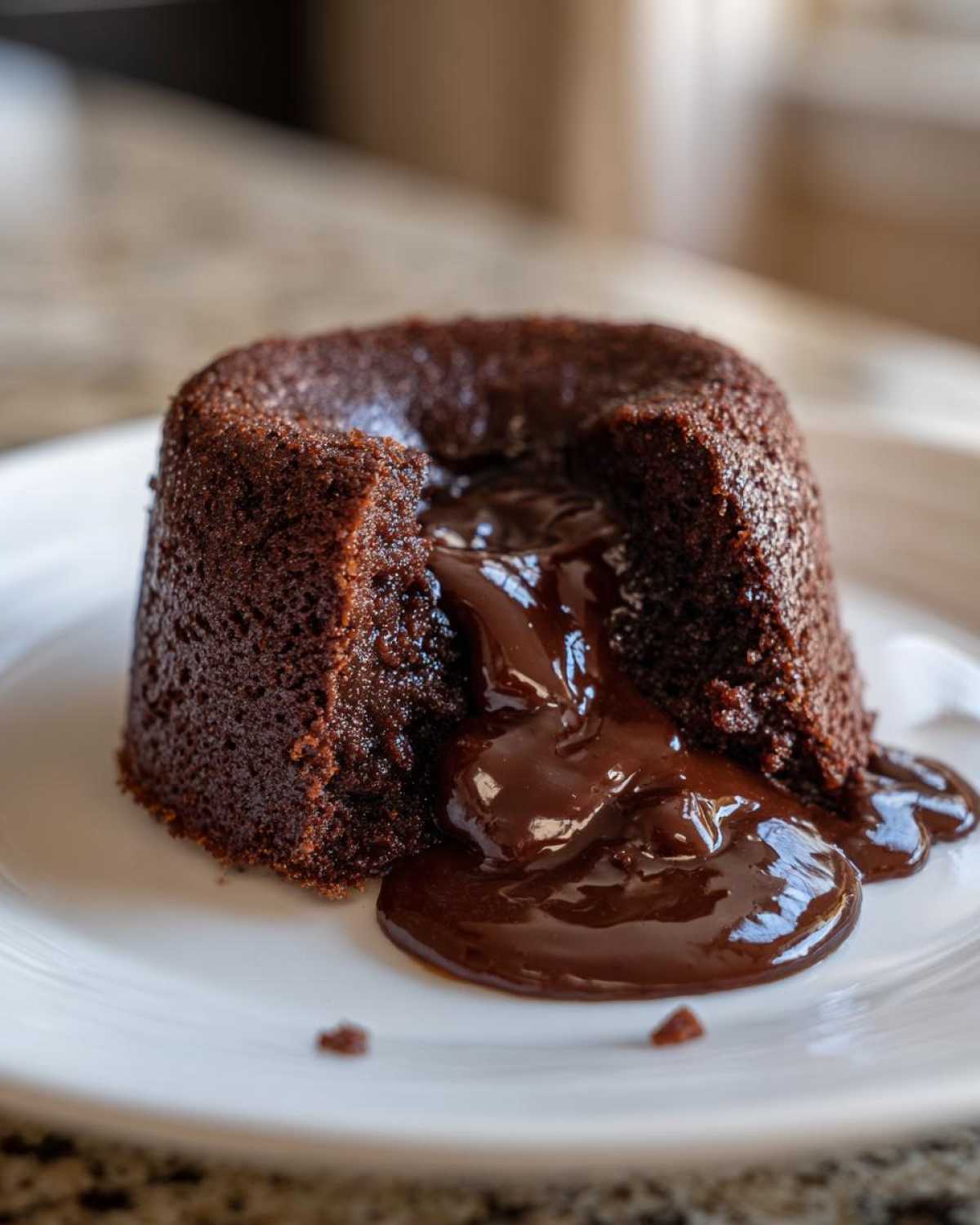 A rich, dark chocolate lava cake with a section cut out, showing the molten chocolate center oozing onto a white plate.