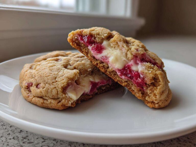 One of the raspberry cheesecake cookies is broken in half, showing a gooey white cheesecake center mixed with bright red raspberry filling.
