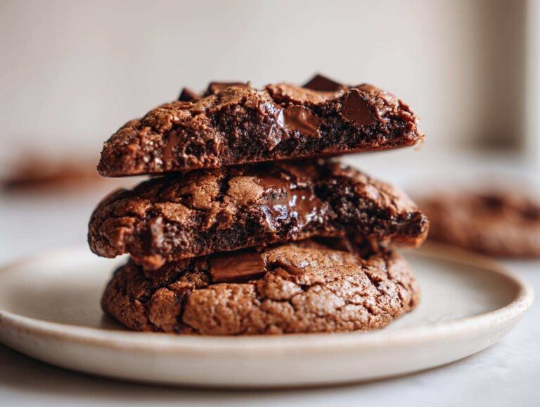 Close-up of a stack of three rich, dark vegan chocolate chip cookies, showing melted chocolate chips inside.