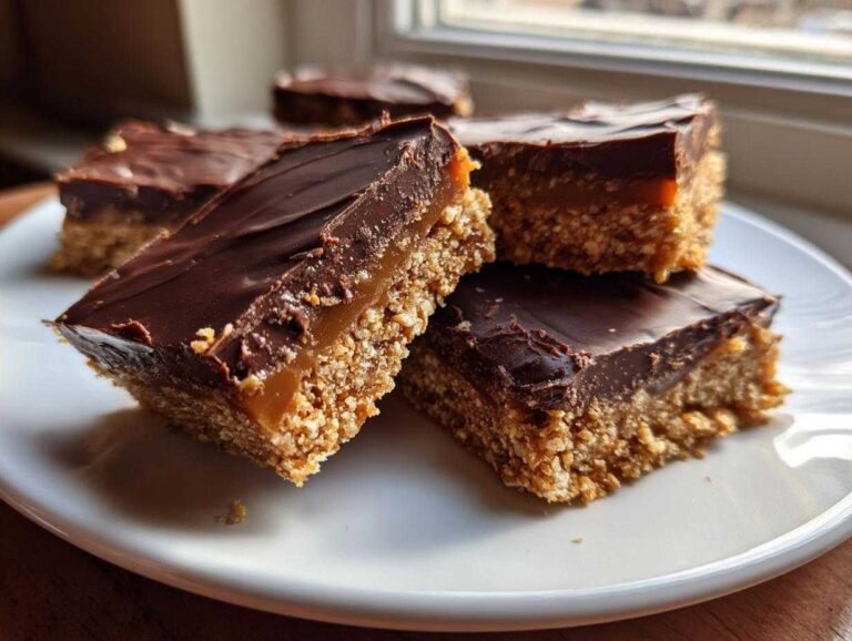 Several squares of rich graham cracker toffee with a crunchy base, caramel layer, and thick chocolate topping, served on a white plate.