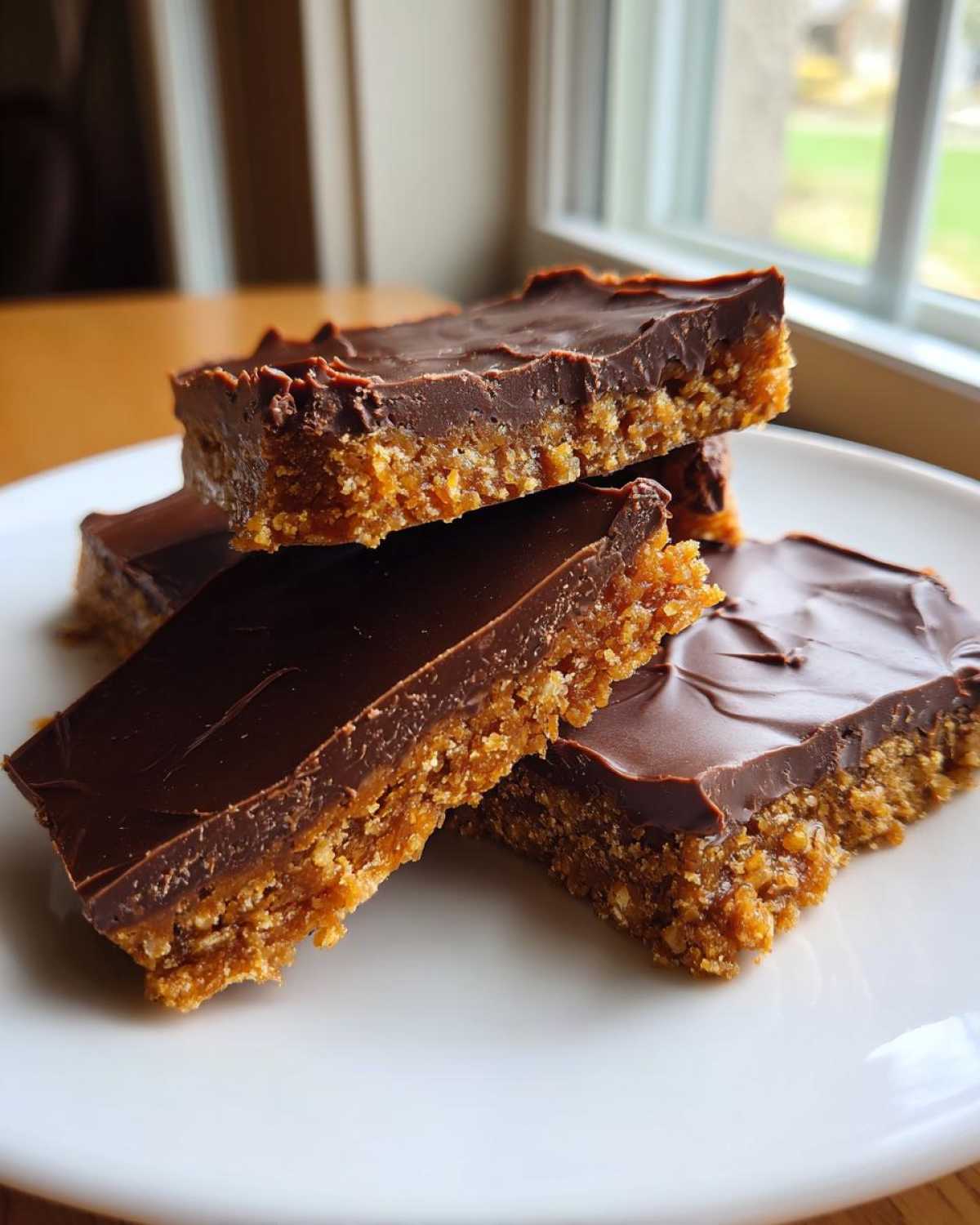 Close-up of stacked graham cracker toffee bars with a thick chocolate topping on a white plate.