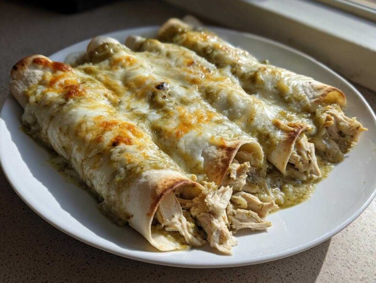 Amazing 39 green chile chicken enchiladas Close-up of three rolled green chile chicken enchiladas covered in melted, slightly browned cheese on a white plate.