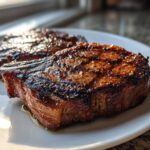 Two thick, grilled pork chops showing char marks, glistening from the marinade for pork chops.