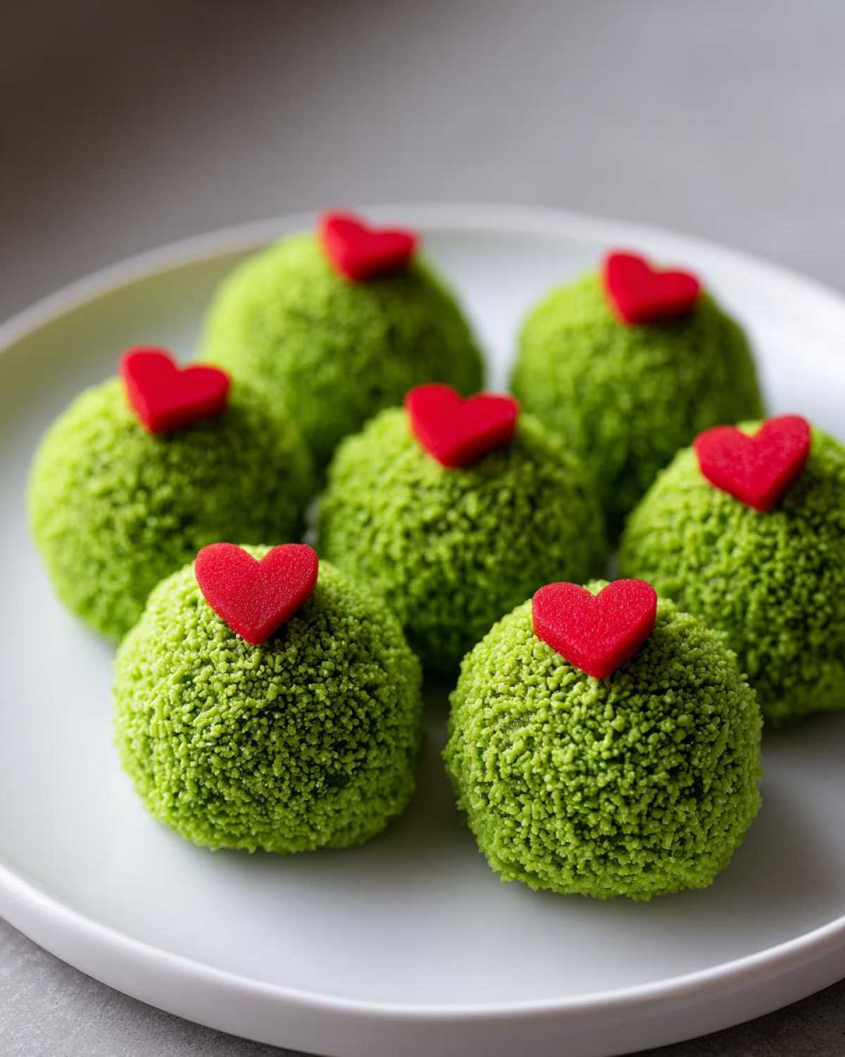Six bright green Grinch Oreo Balls topped with small red candy hearts on a white plate.
