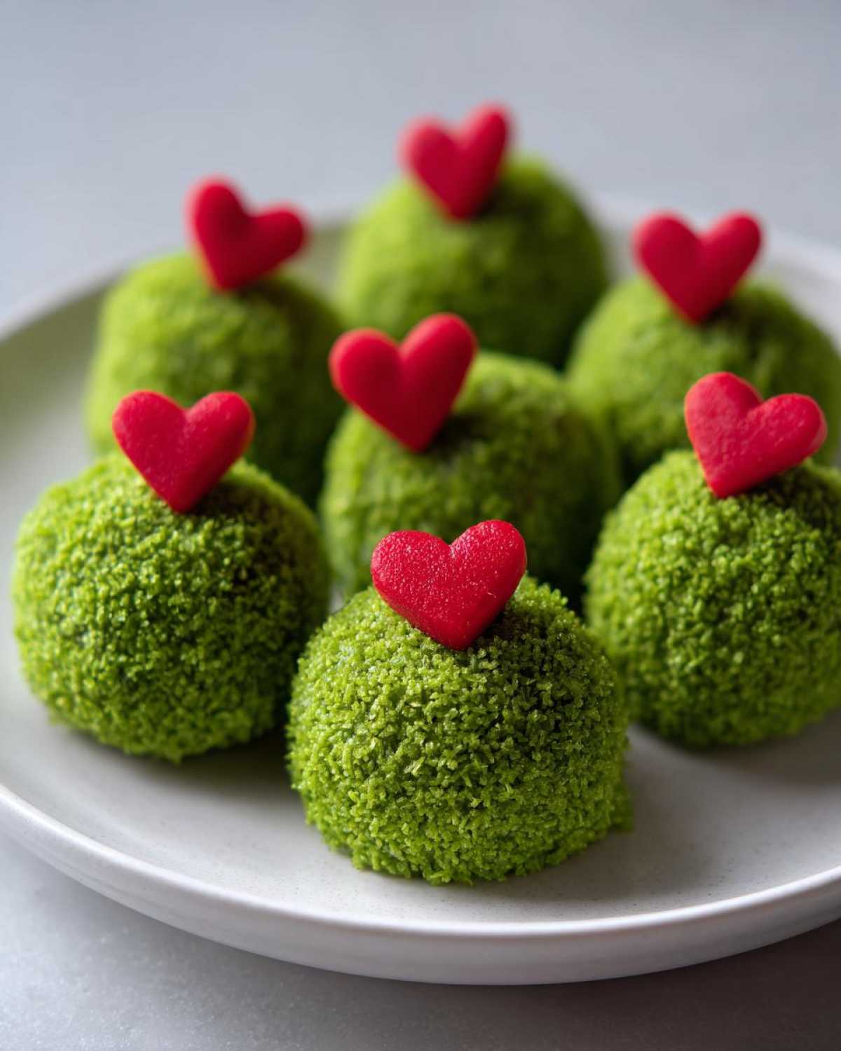 Several bright green Grinch Oreo Balls coated in sprinkles, each topped with a small red candy heart.