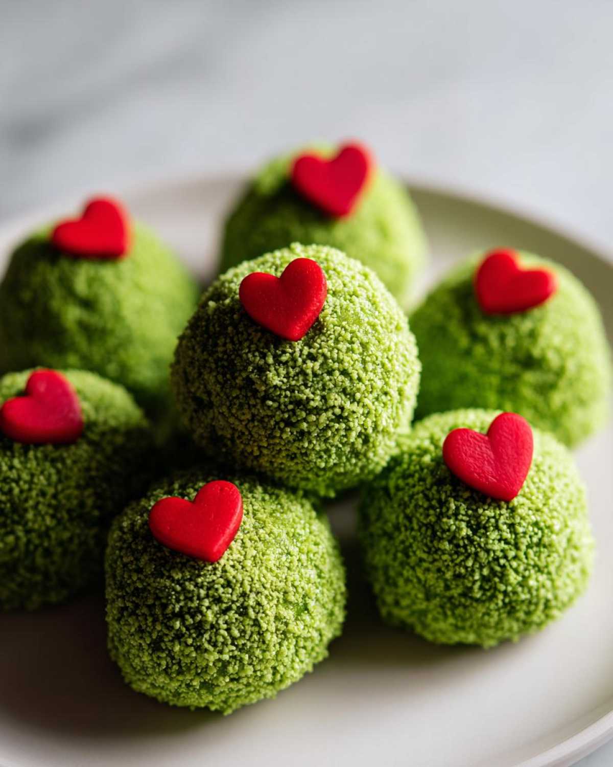 A pile of vibrant green Grinch Oreo Balls, textured and topped with small red candy hearts, resting on a white plate.