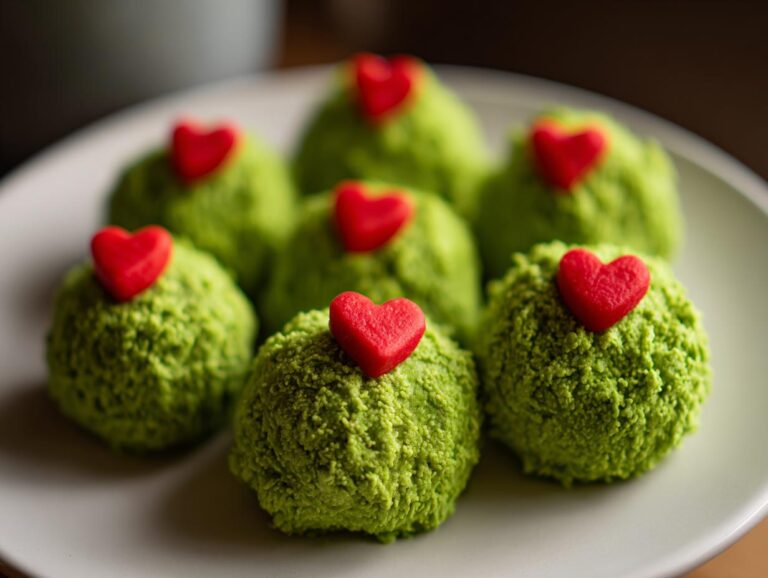 A plate of bright green Grinch Oreo Balls, each topped with a small red candy heart.