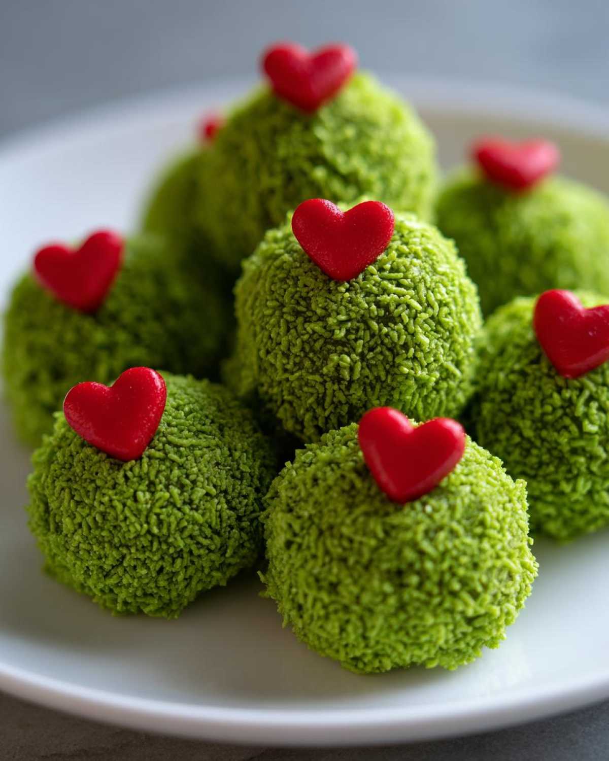A close-up of several bright green Grinch Oreo Balls covered in sprinkles, each topped with a small red candy heart.