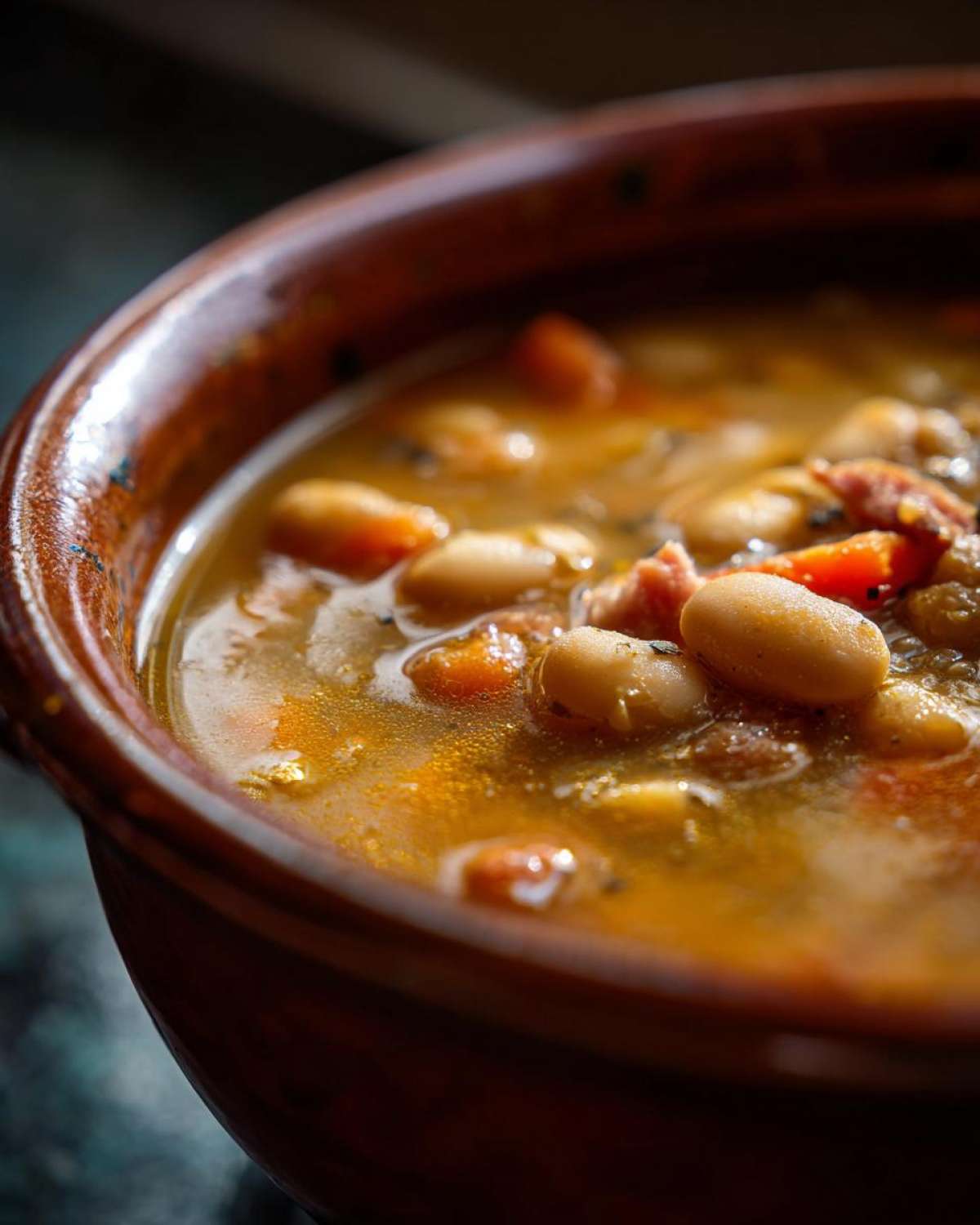 Close-up shot of thick, savory 15 bean soup with white beans and bits of meat in a rustic brown bowl.