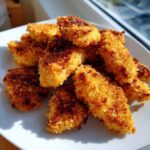 A pile of golden brown, crispy homemade chicken nuggets resting on a bright white plate.