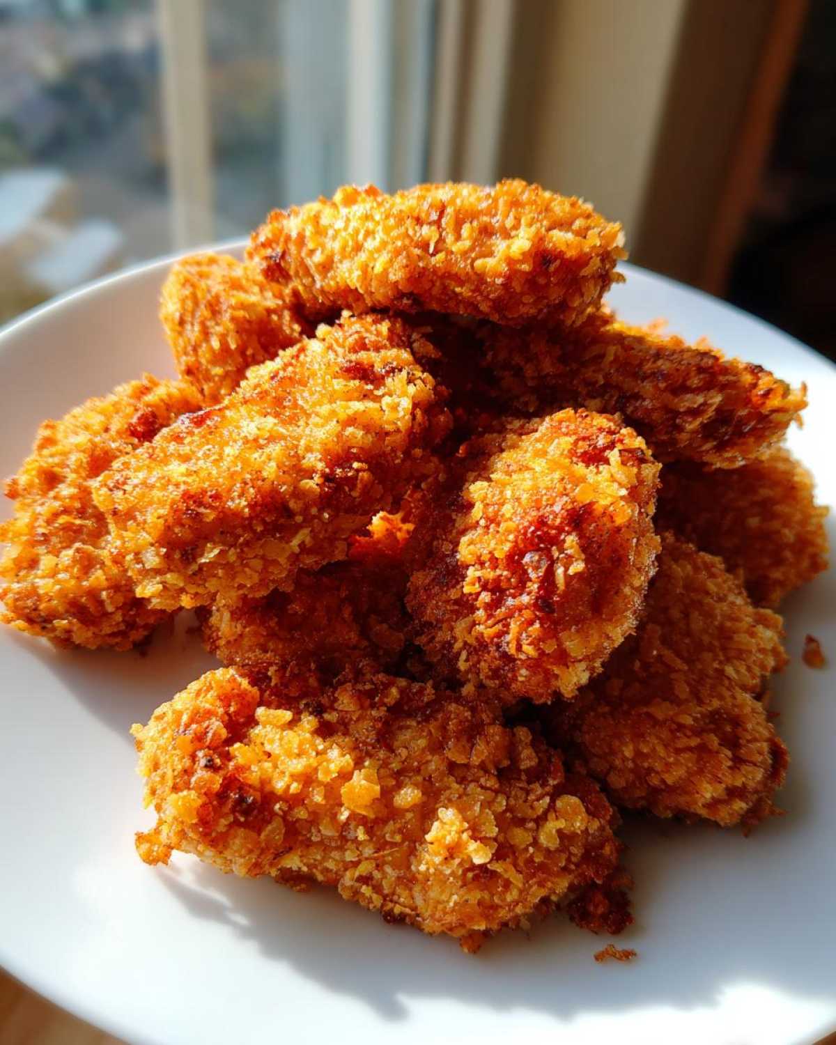 A close-up, sunlit pile of golden brown, crunchy homemade chicken nuggets served on a white plate.