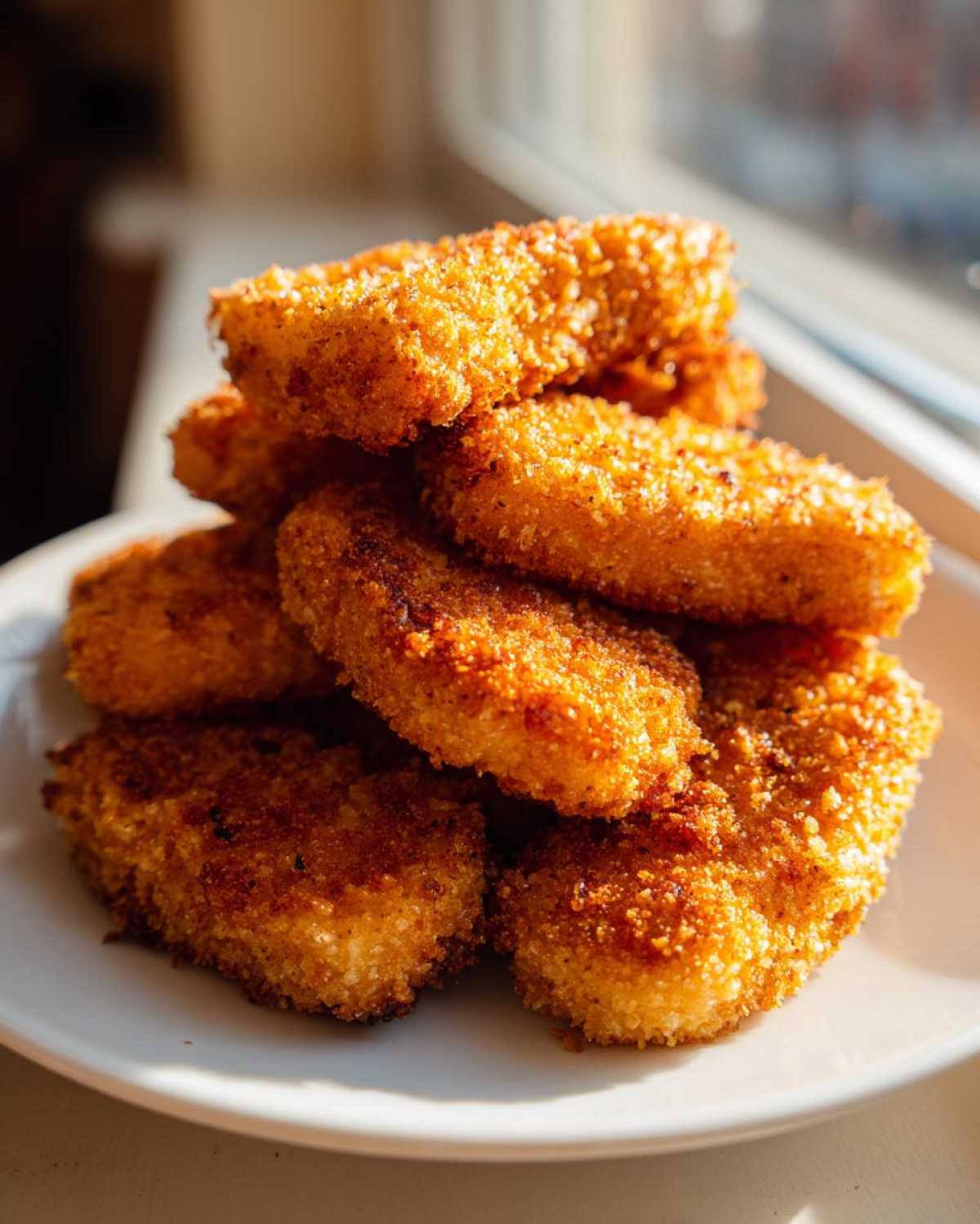 A stack of perfectly golden, crispy homemade chicken nuggets piled high on a white plate near a window.