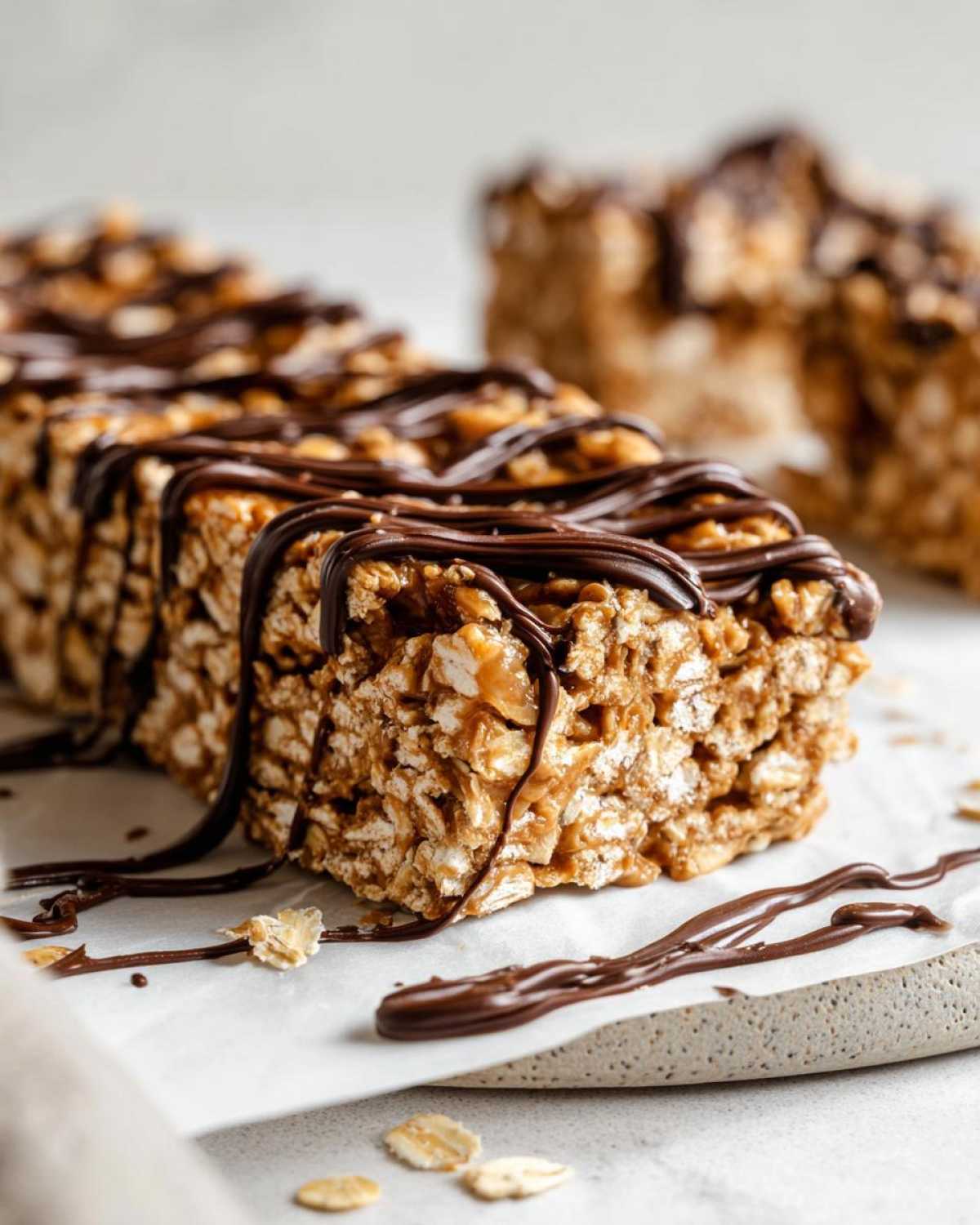 Close-up of homemade protein bars made with oats, drizzled generously with melted dark chocolate.