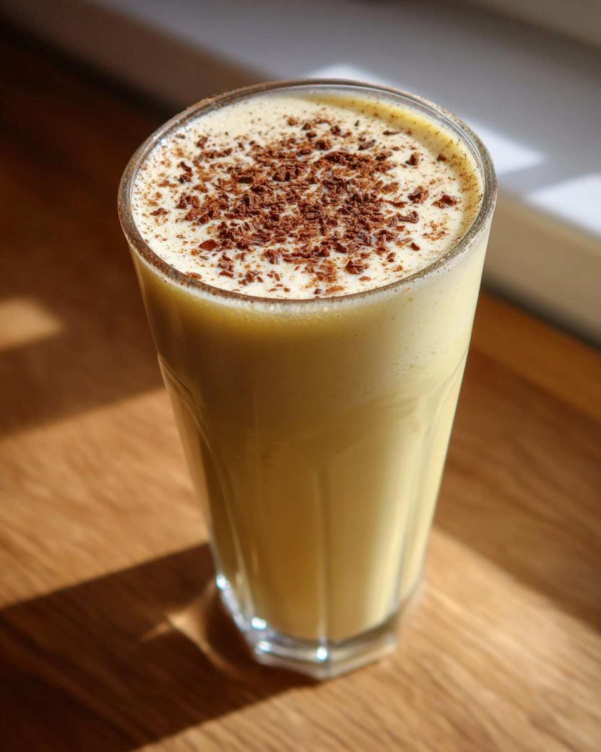 A tall glass of creamy homemade eggnog topped with dark chocolate shavings, sitting in sunlight.