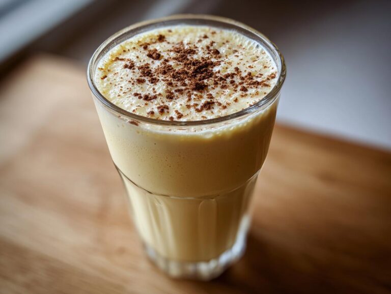 A close-up of homemade eggnog in a glass, topped with a dusting of cinnamon or nutmeg.