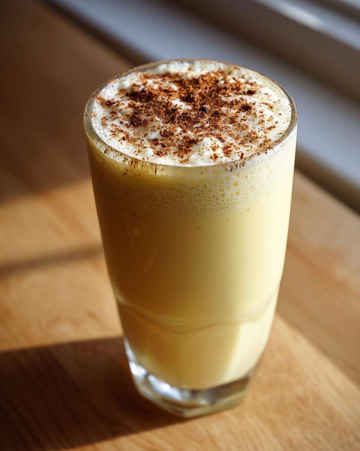 A tall glass filled with creamy yellow homemade eggnog, topped with foam and sprinkled with ground nutmeg.