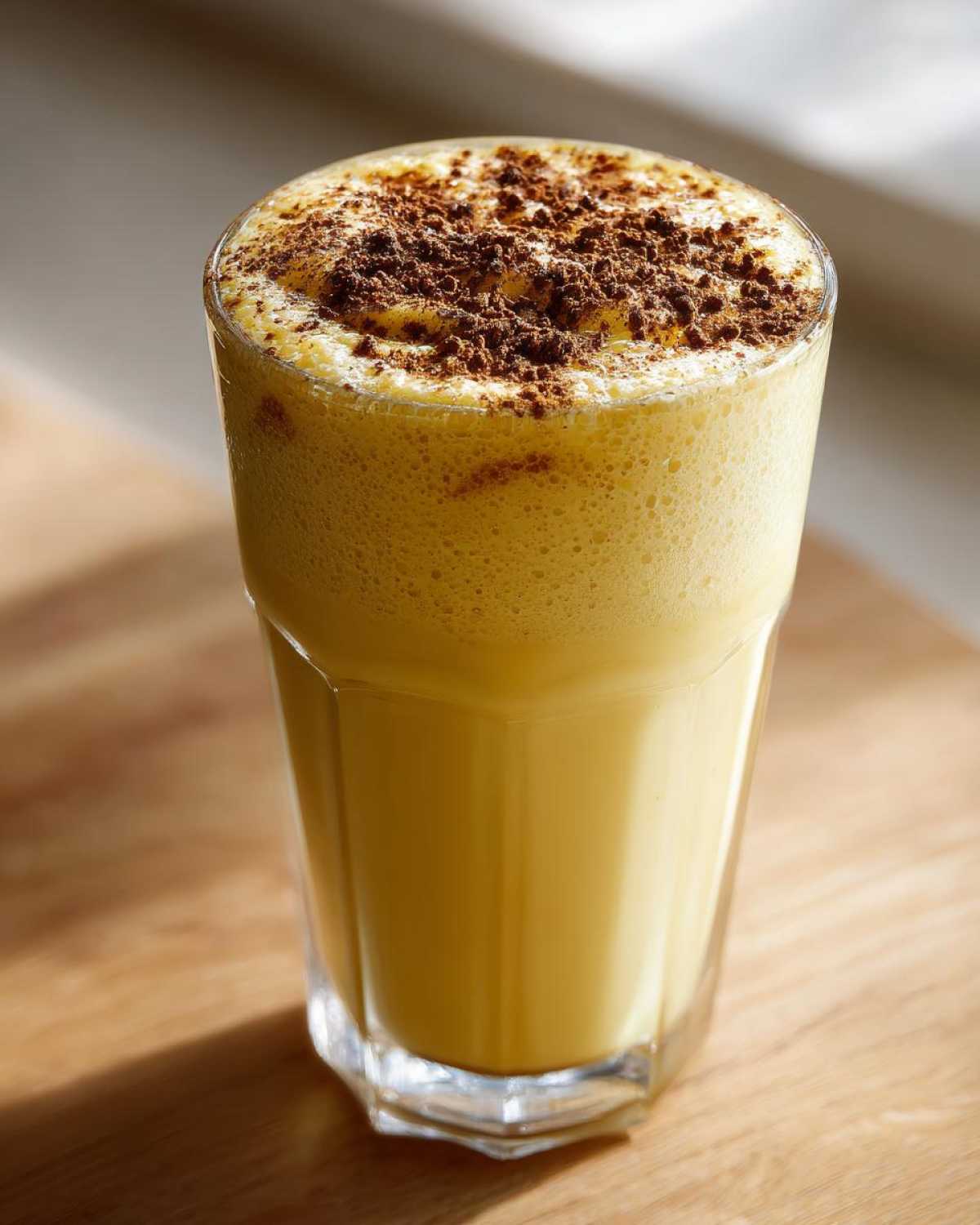 A tall glass filled with creamy, frothy homemade eggnog, dusted generously with dark spices like nutmeg or cinnamon.