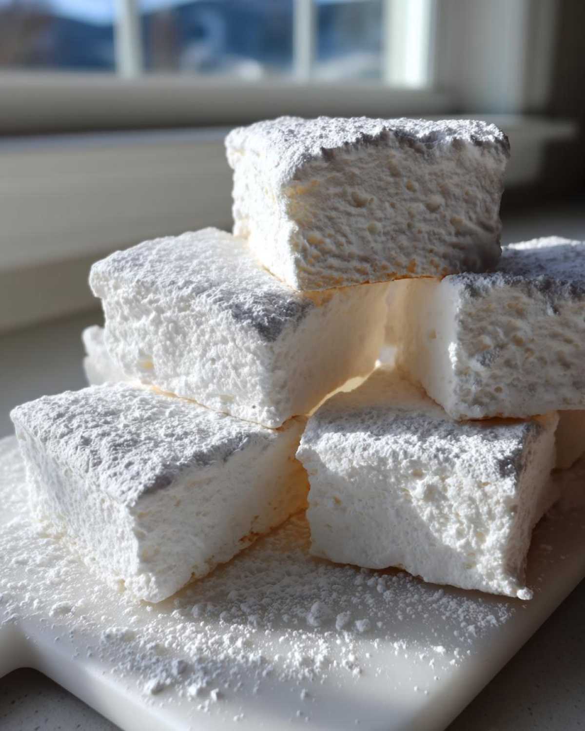 A stack of fluffy, square homemade marshmallows heavily dusted with white powdered sugar.