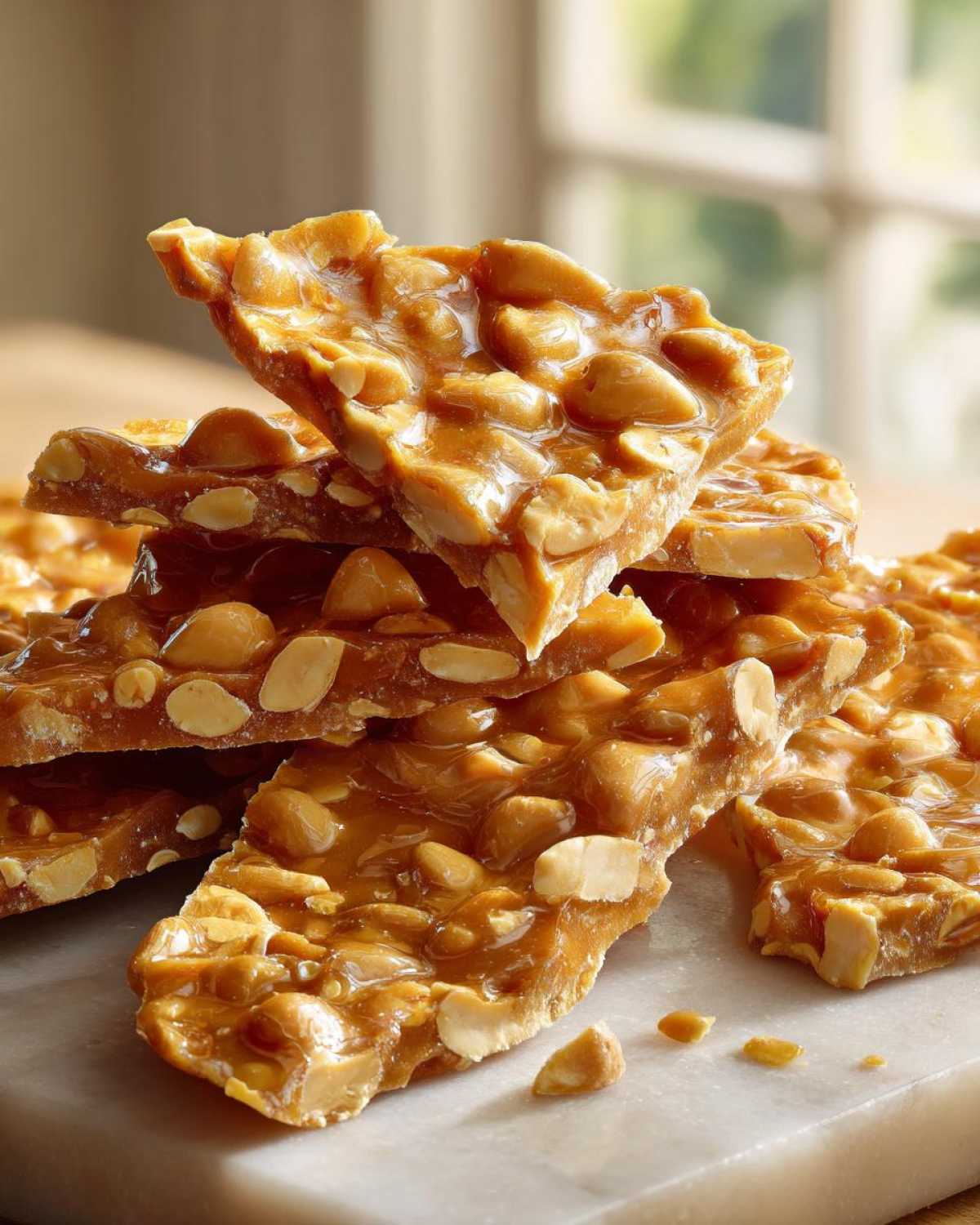 Close-up of broken pieces of homemade peanut brittle recipe stacked on a white surface.