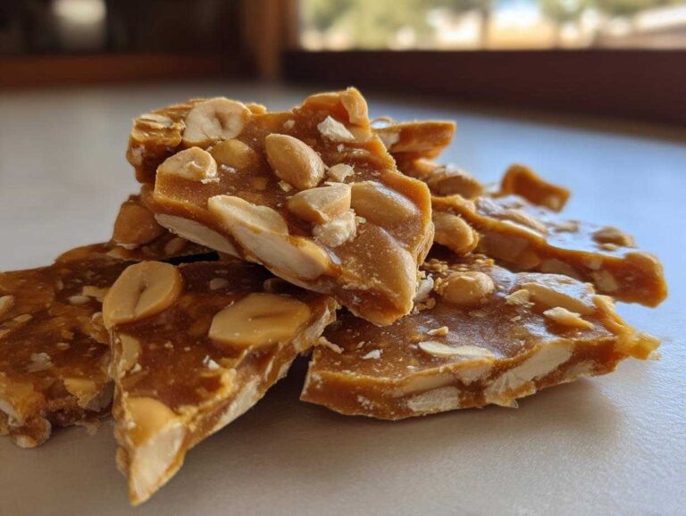 Close-up of several broken pieces of homemade peanut brittle recipe, featuring whole peanuts embedded in golden caramel.