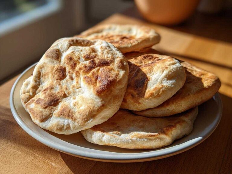 A stack of freshly cooked, golden-brown pita bread resting on a light-colored plate.
