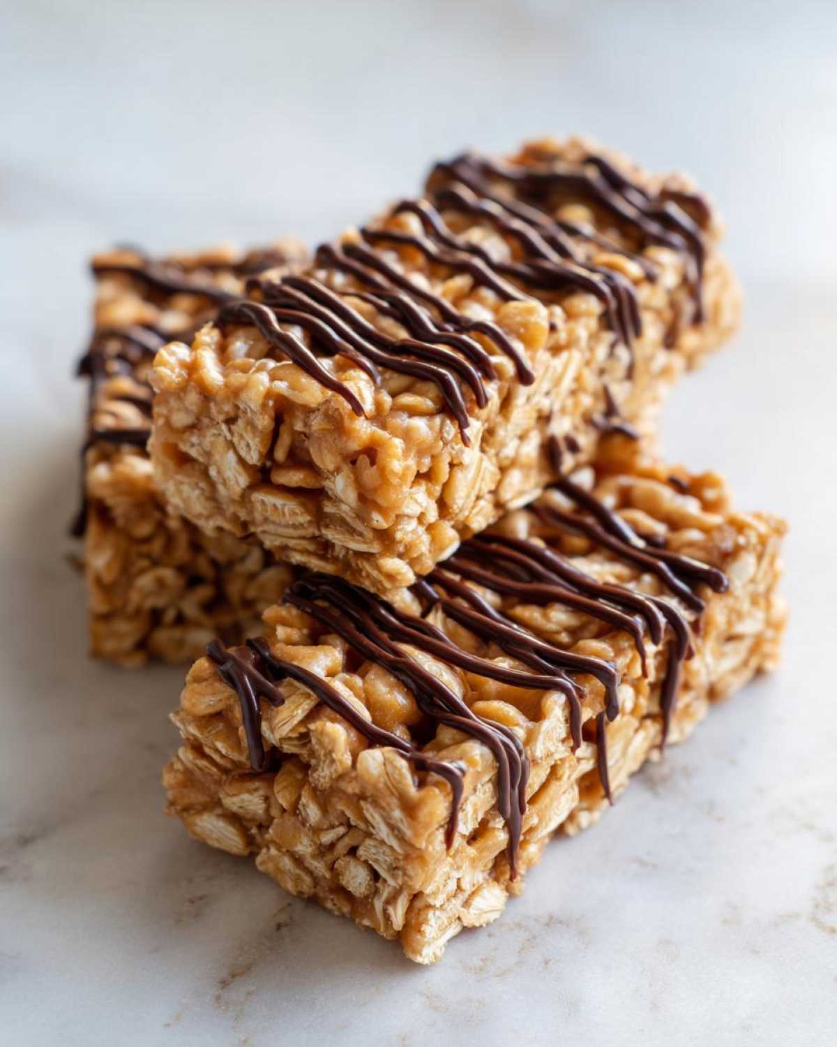Close-up of homemade protein bars made with oats and drizzled with dark chocolate.