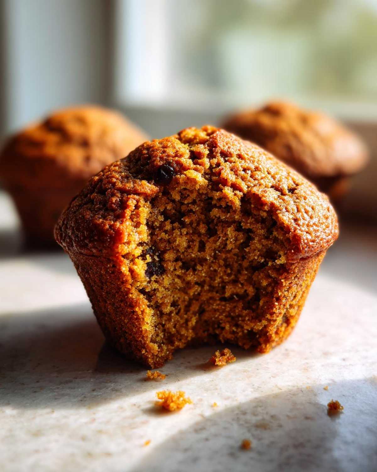 Close-up of a moist honey bran muffin with a bite missing, showing the crumb texture and raisins.