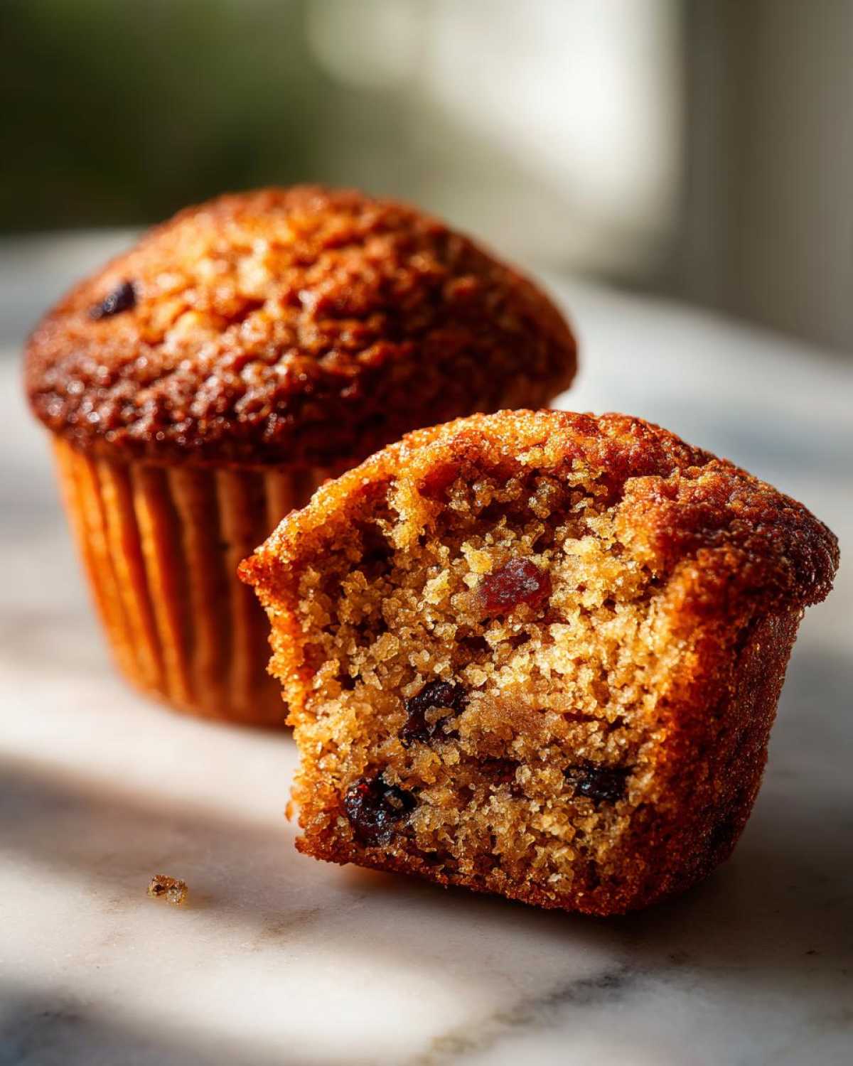 A close-up shot showing a halved honey bran muffin revealing a moist, textured interior with raisins, next to a whole muffin.