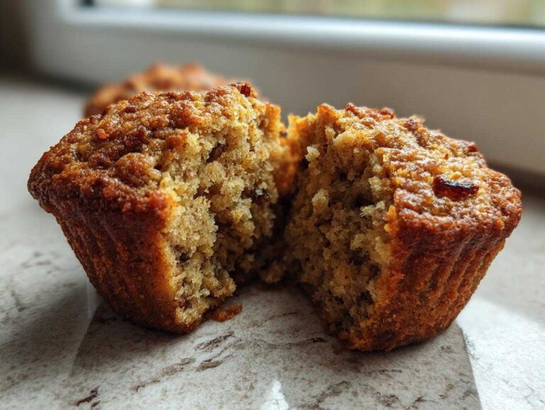 Amazing 12 honey bran muffins delight Close-up of a honey bran muffin broken in half, showing its moist, textured interior and golden-brown crumb.