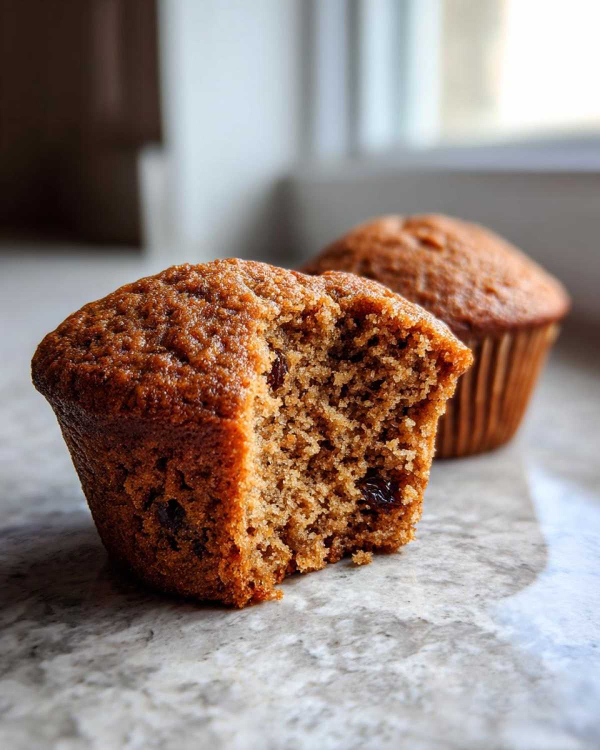 Close-up of a moist honey bran muffin with a bite taken out, revealing texture and raisins.