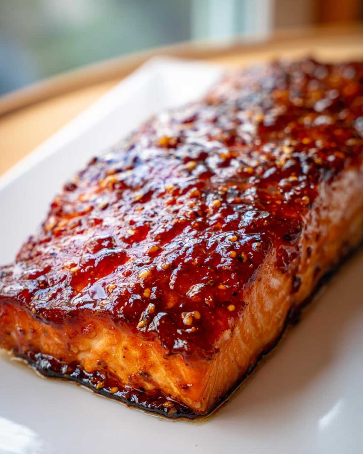 Close-up of a perfectly cooked salmon fillet covered in a thick, glossy honey garlic glaze with visible sesame seeds.