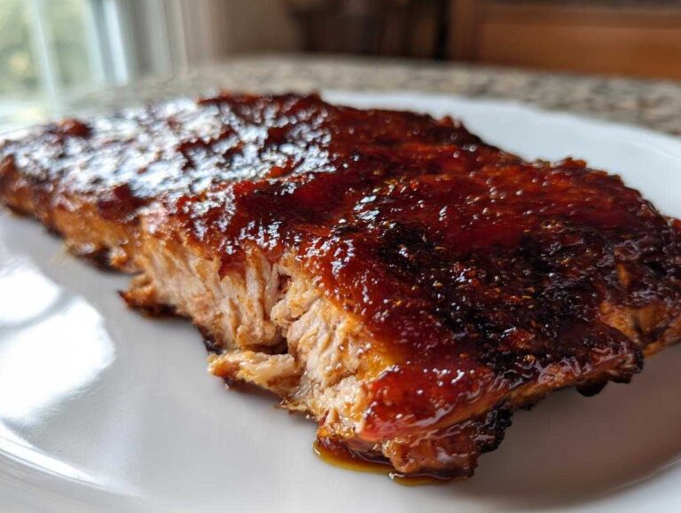 Close-up of a flaky, baked salmon fillet covered in a thick, glossy, dark honey garlic glaze.