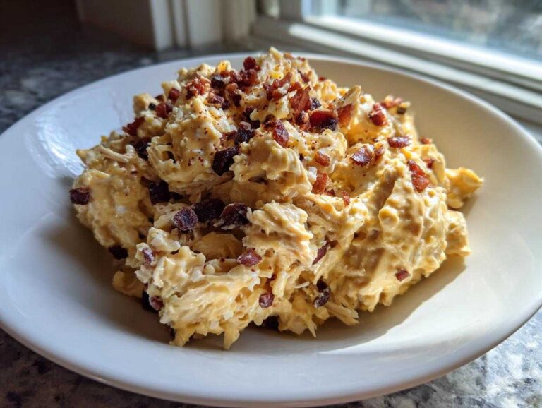 A close-up of creamy honey mustard chicken salad topped generously with crispy bacon bits in a white bowl.