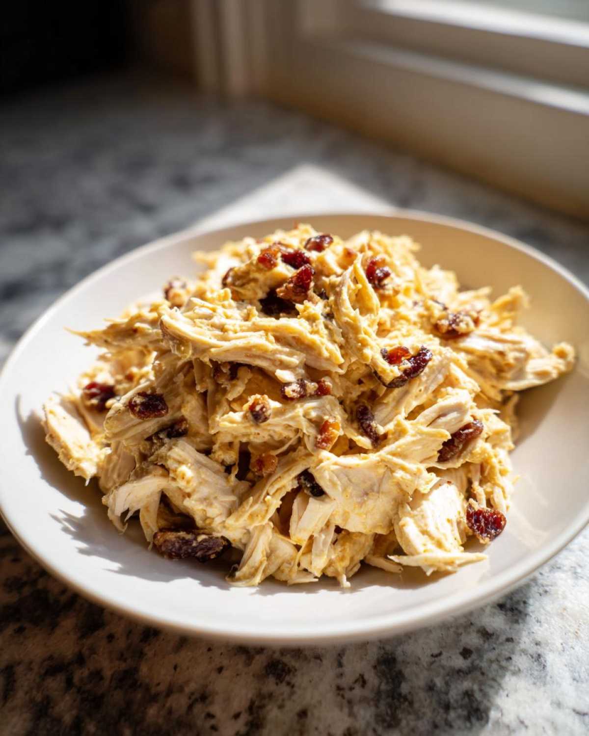 Shredded chicken mixed in a creamy dressing, resembling honey mustard chicken salad, topped with dried cranberries.