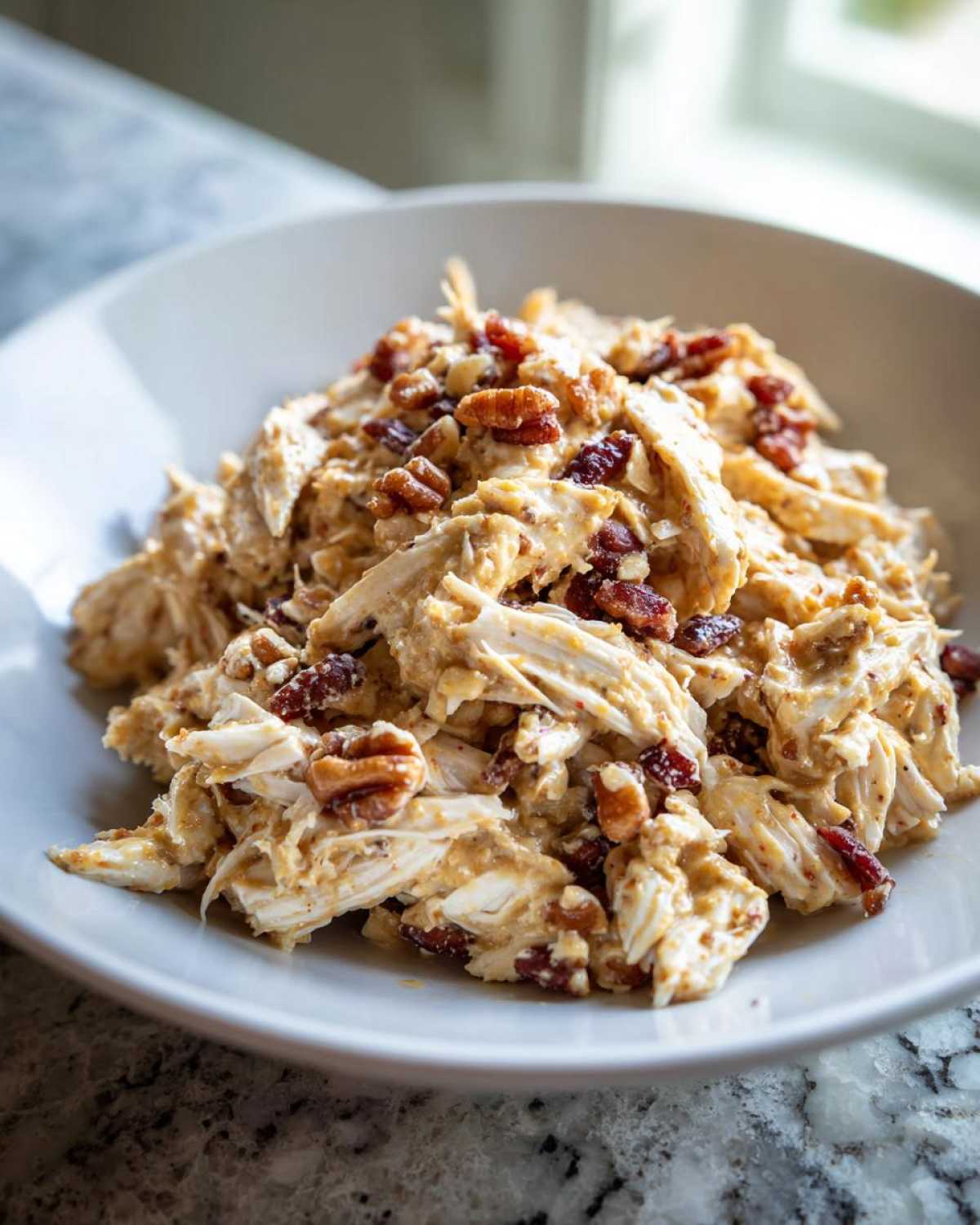 A close-up of shredded chicken mixed with a creamy dressing and topped with pecans, representing honey mustard chicken salad.