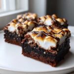A close-up of a rich, fudgy hot chocolate brownie topped with toasted marshmallow and drizzled with chocolate sauce.