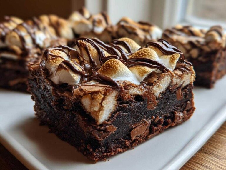 A rich, fudgy hot chocolate brownie square topped with toasted marshmallows and a chocolate drizzle.