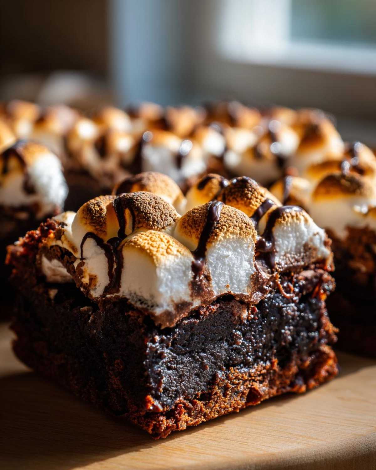 A rich, fudgy hot chocolate brownie slice topped with toasted marshmallows and a chocolate drizzle.