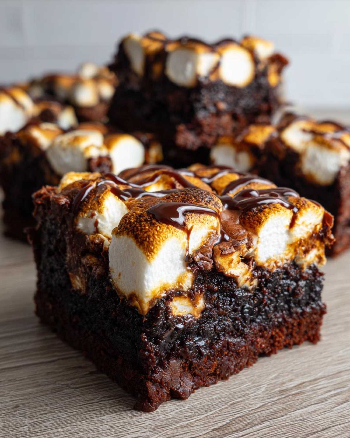 A rich, fudgy hot chocolate brownie square topped with toasted marshmallows and a chocolate drizzle.
