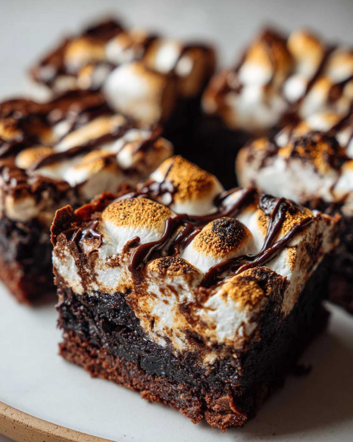 A close-up of a rich, fudgy hot chocolate brownie topped with toasted marshmallows and a chocolate drizzle.
